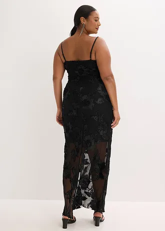 Maxi jurk met gebloemd borduursel, Kleur: zwart