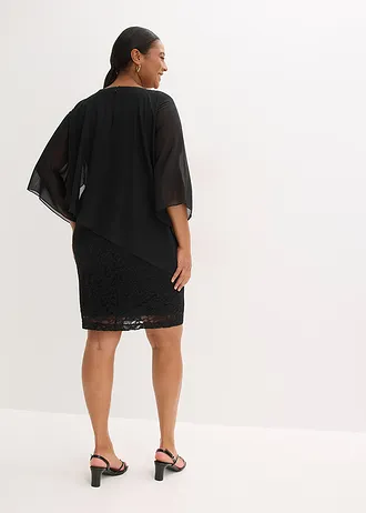 Mini jurk van kant met cape van fijne chiffon, Kleur: zwart