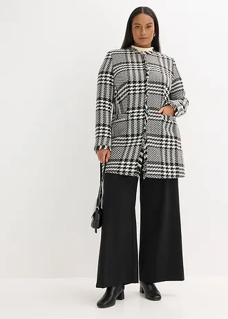 Sacou lung din fir bouclé, culoare: negru/ecru cadrilat