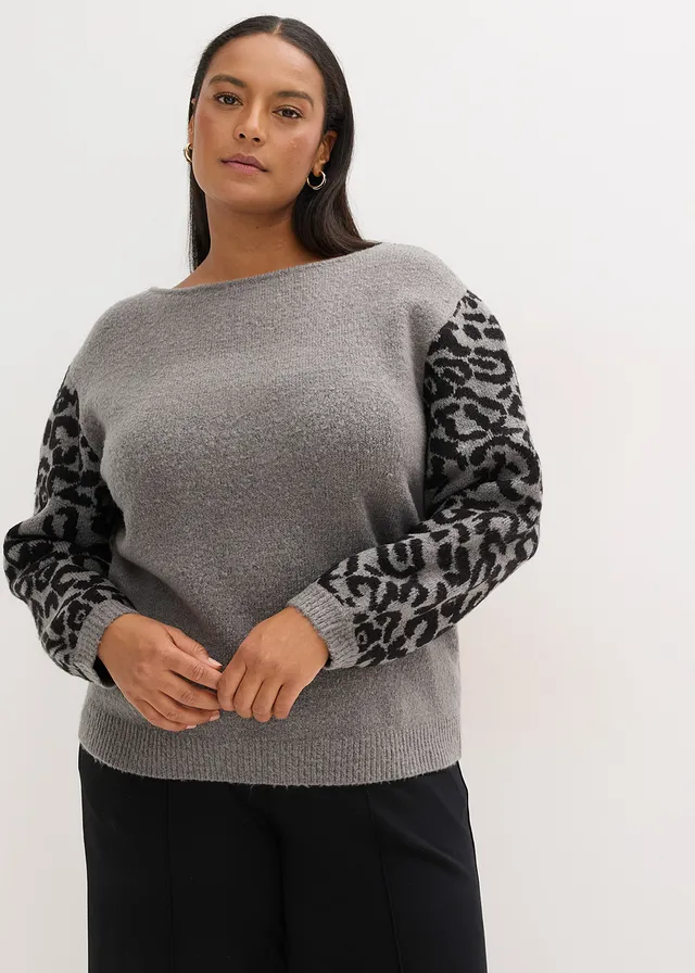 Pull à motif léopard, Couleur: gris chiné/noir