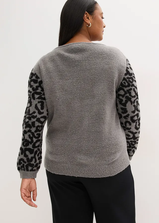 Pull à motif léopard, Couleur: gris chiné/noir