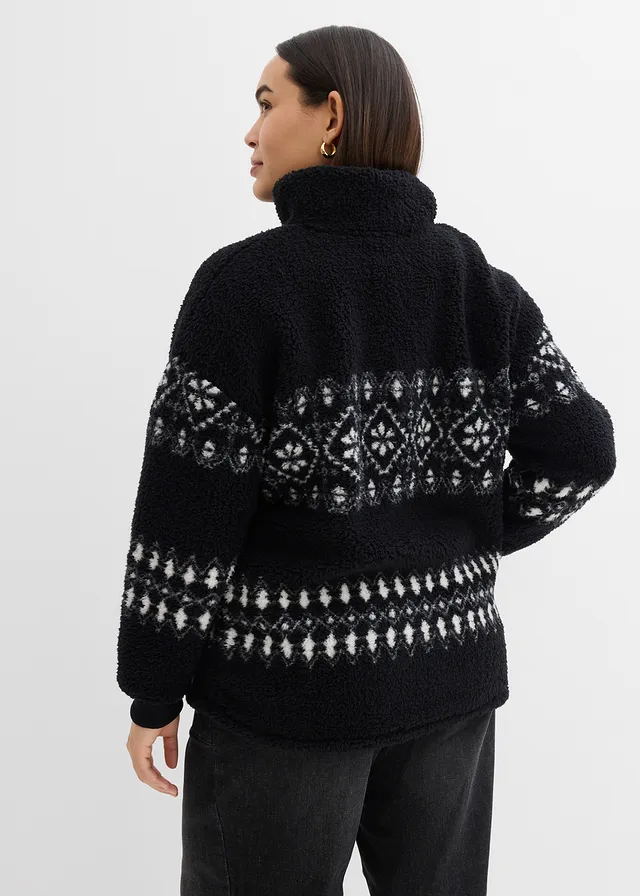 Teddy fleece trui, Kleur: zwart-wolwit Noors patroon
