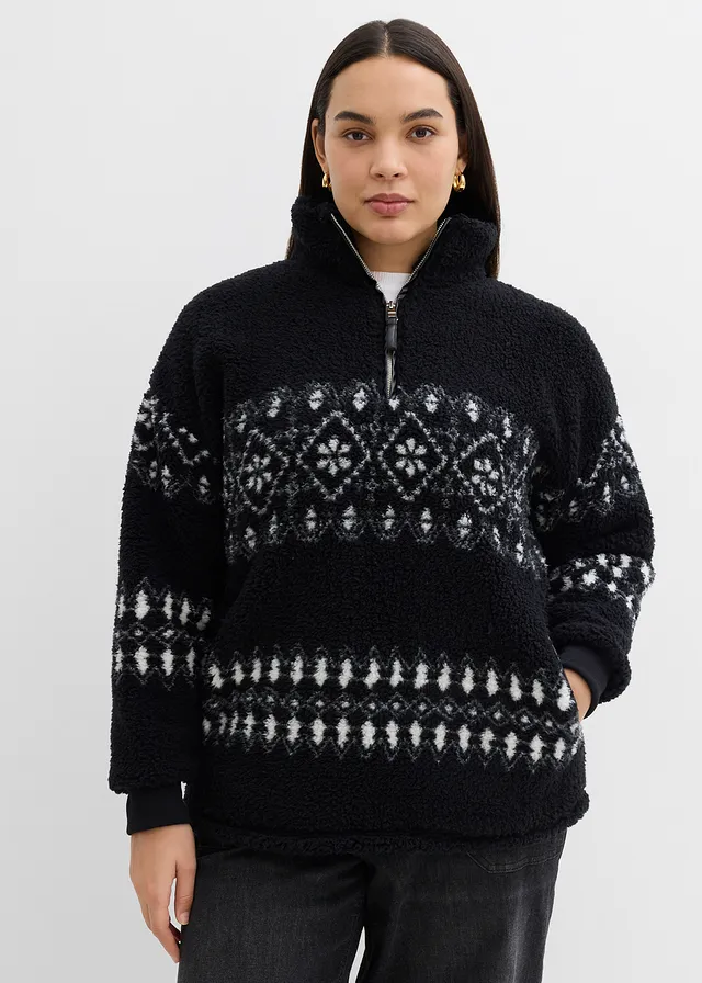 Teddy fleece trui, Kleur: zwart-wolwit Noors patroon