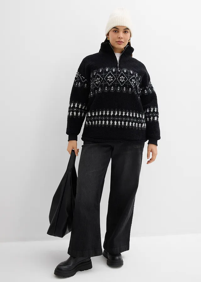 Teddy fleece trui, Kleur: zwart-wolwit Noors patroon