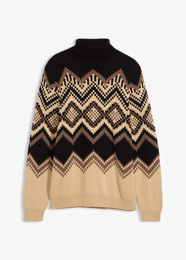 Sweter z golfem ze wzorem Ikat z miękkiej mieszanki bawełny • brązowy gliniany ze wzorem • sklep bonprix