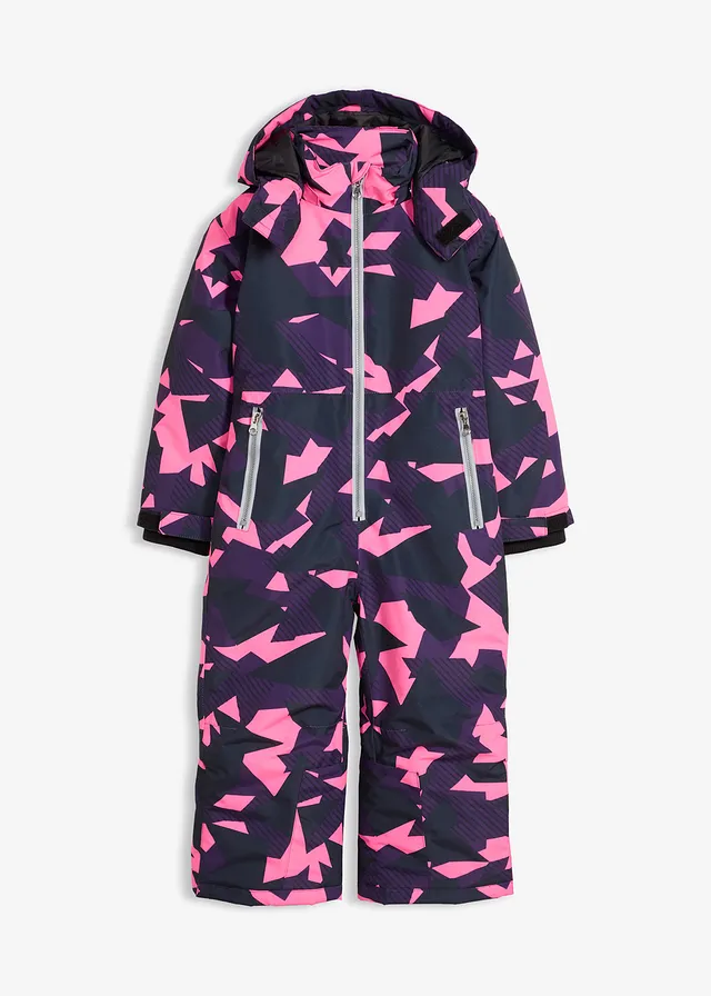 Combinaison de ski déperlante à capuche amovible, Couleur: violet foncé-rose fluo-noir imprimé