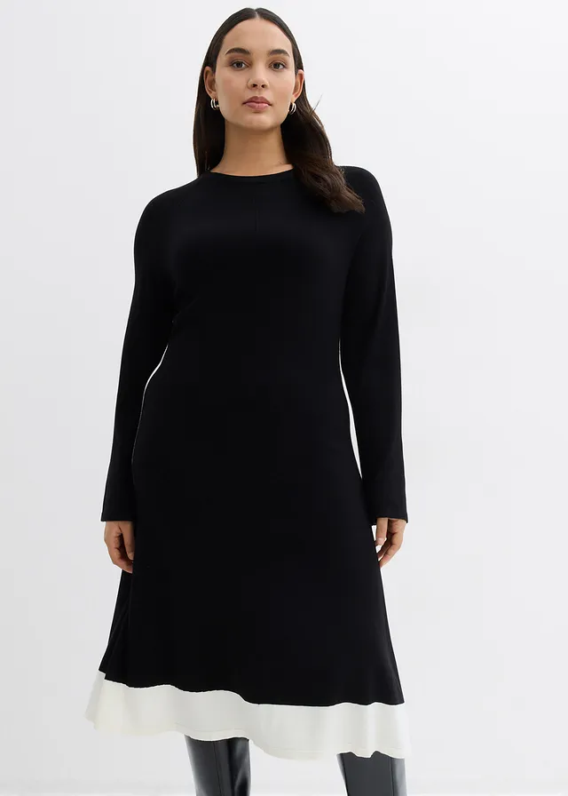 Gebreide jurk in een viscosemix met contrasterende details, Kleur: zwart/wolwit