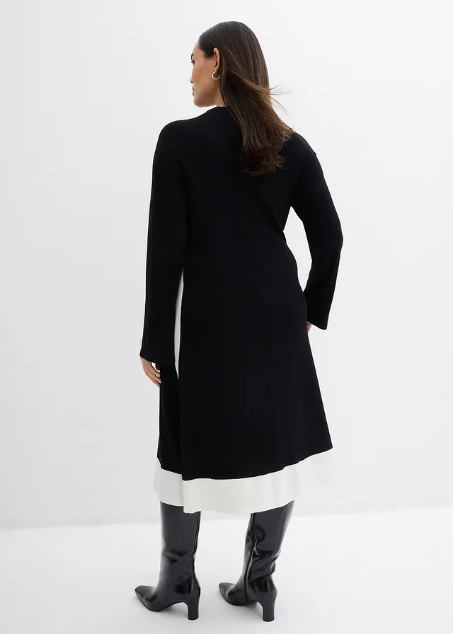 Gebreide jurk in een viscosemix met contrasterende details, Kleur: zwart/wolwit