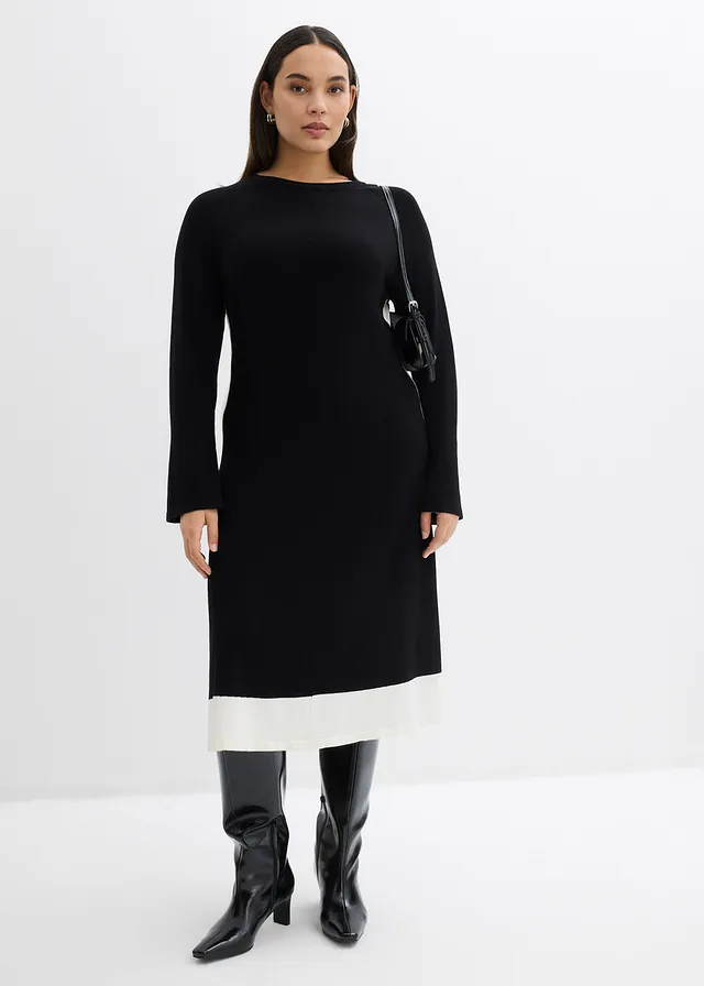Gebreide jurk in een viscosemix met contrasterende details, Kleur: zwart/wolwit