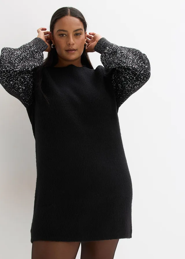 Robe en maille, effet brillant, Couleur: noir-argenté