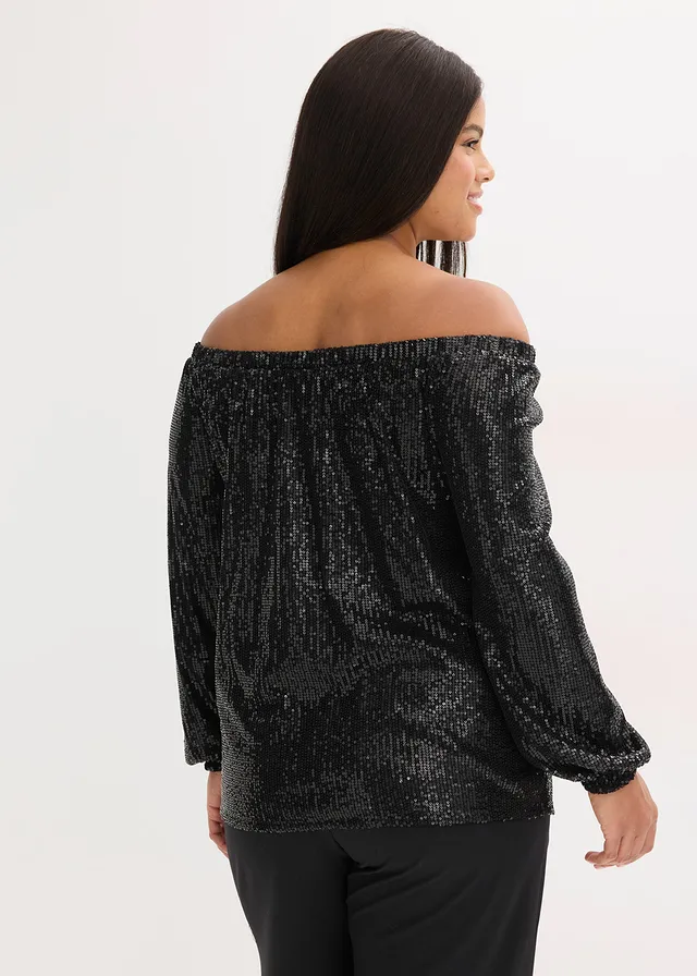 Oversized carmen-shirt met pailletten, Kleur: zwart