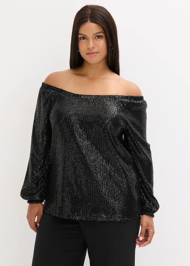 Oversized carmen-shirt met pailletten, Kleur: zwart