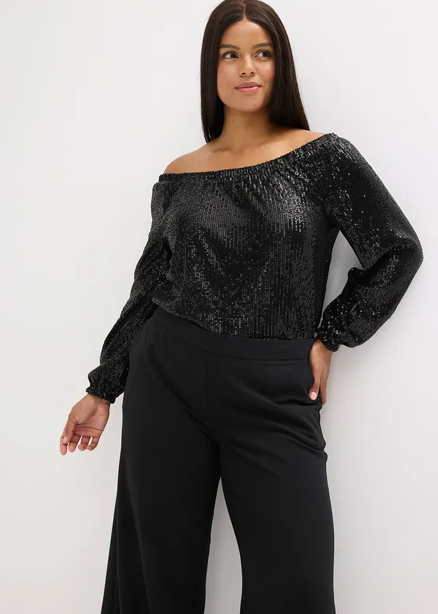 Oversized carmen-shirt met pailletten • zwart plus size • product-page.page-title-suffix