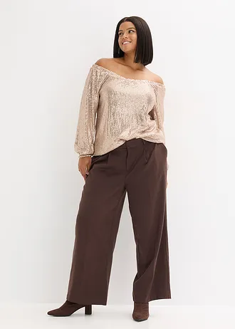 Oversized carmen-shirt met pailletten, Kleur: natuursteen-zilverkleur