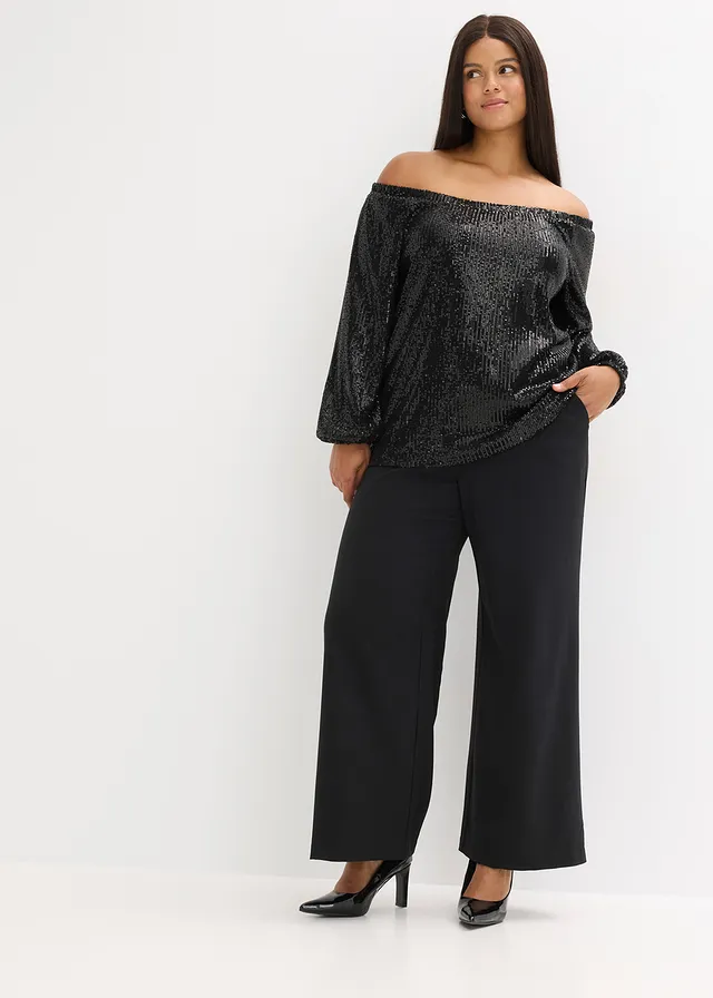 Oversized carmen-shirt met pailletten • zwart plus size • product-page.page-title-suffix
