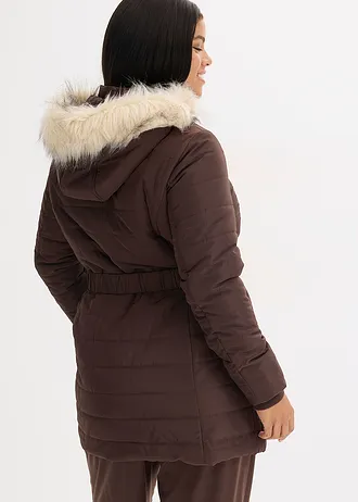 Gewatteerde jas met riem, Kleur: donkerbruin