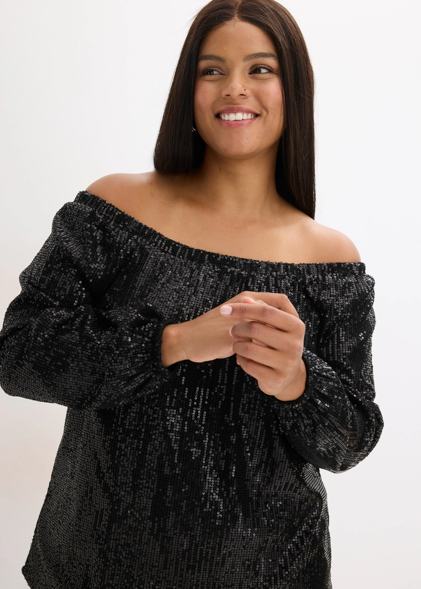 Oversized carmen-shirt met pailletten • zwart plus size • product-page.page-title-suffix