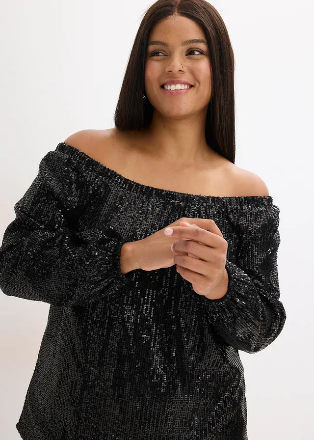 Oversized carmen-shirt met pailletten • zwart plus size • product-page.page-title-suffix