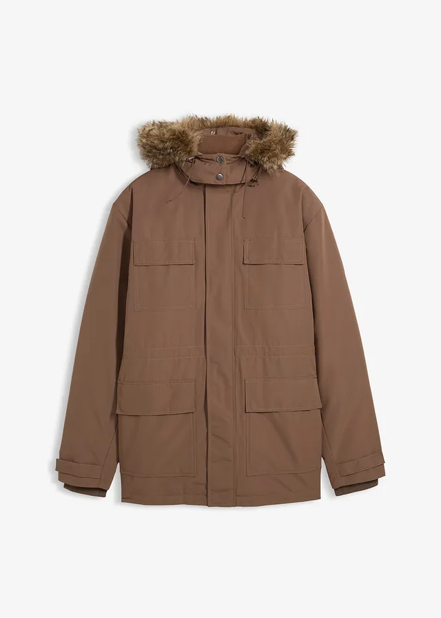 Gewatteerde parka met fleece voering en afneembare capuchon, Kleur: leembruin
