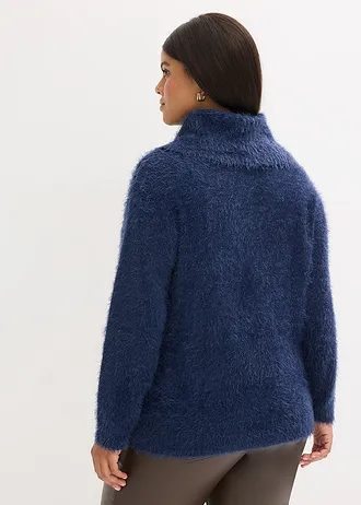 Oversized fluffy trui met een col, Kleur: donkerblauw