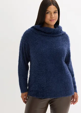 Oversized fluffy trui met een col, Kleur: donkerblauw