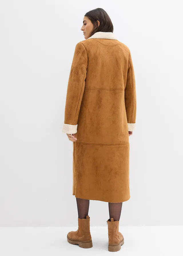 Manteau effet peau retournée avec doublure sherpa, Couleur: cognac-beige naturel