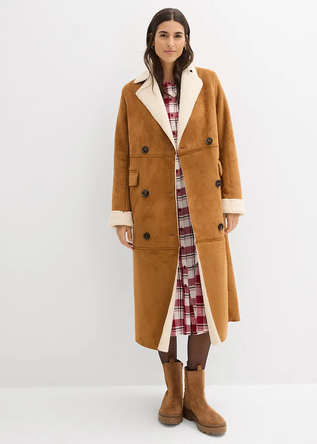 Manteau effet peau retournée avec doublure sherpa, Couleur: cognac-beige naturel