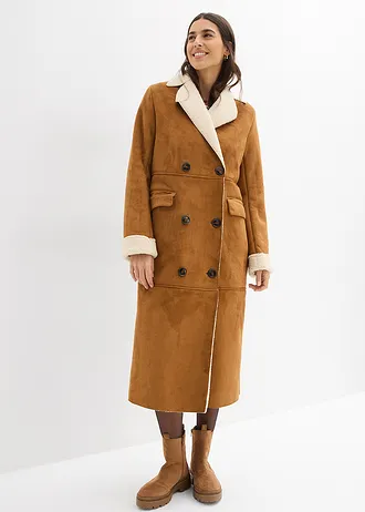 Kabát z umělé kůže, s hřejivou plyšovou podšívkou • koňakově hnědo-béžová • bonprix obchod