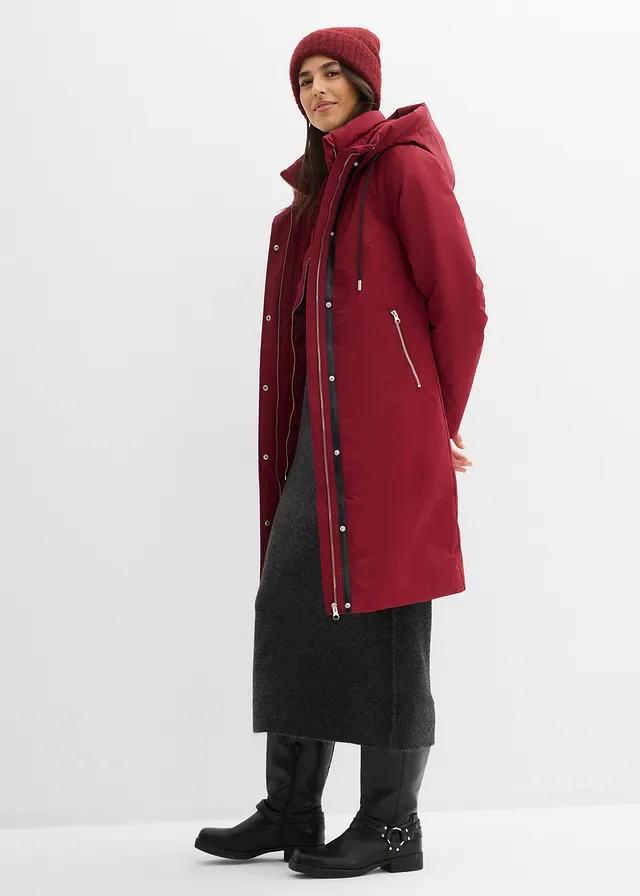 Waterafstotende, lange outdoor jas in 2-in-1 look, Kleur: pruimrood