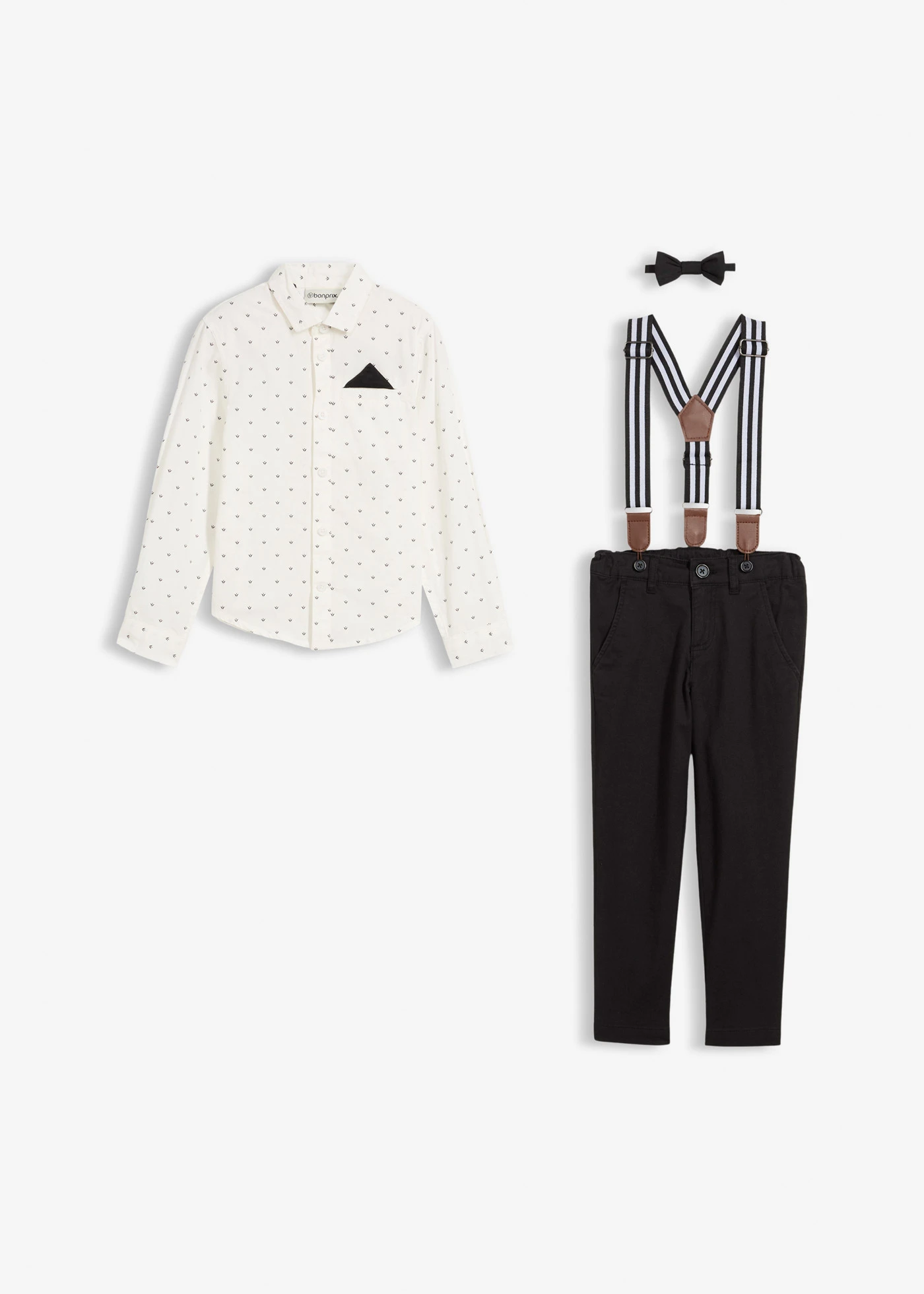 Cămașă cu mâneci lungi, pantaloni stretch, bretele și papion (set/4 piese) • ecru/negru • magazin bonprix