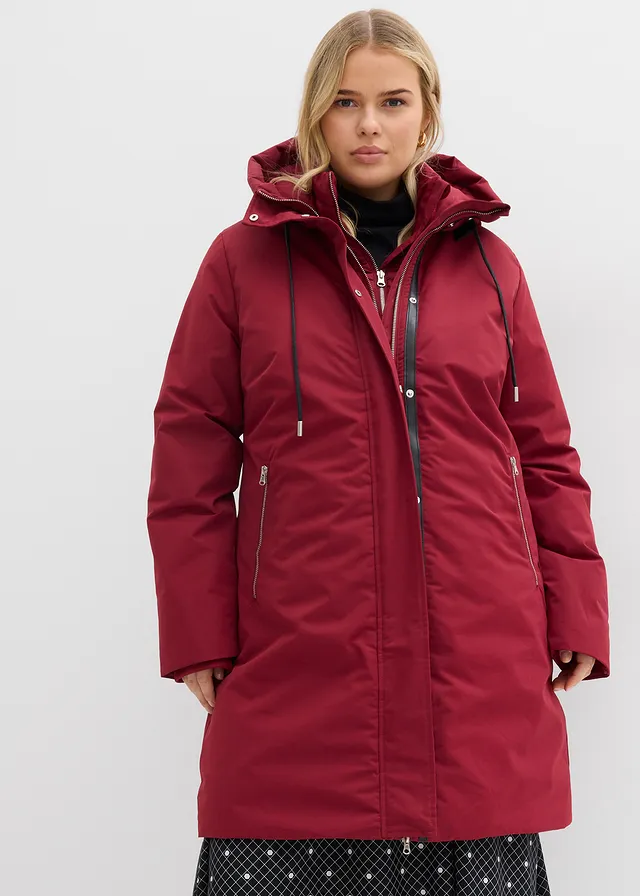 Waterafstotende, lange outdoor jas in 2-in-1 look, Kleur: pruimrood