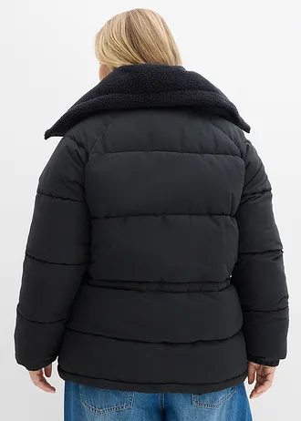 Gewatteerde jas met teddykraag, Kleur: zwart