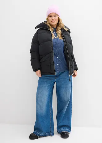 Gewatteerde jas met teddykraag, Kleur: zwart