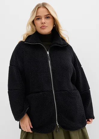 Oversized jas van teddy fleece, Kleur: zwart