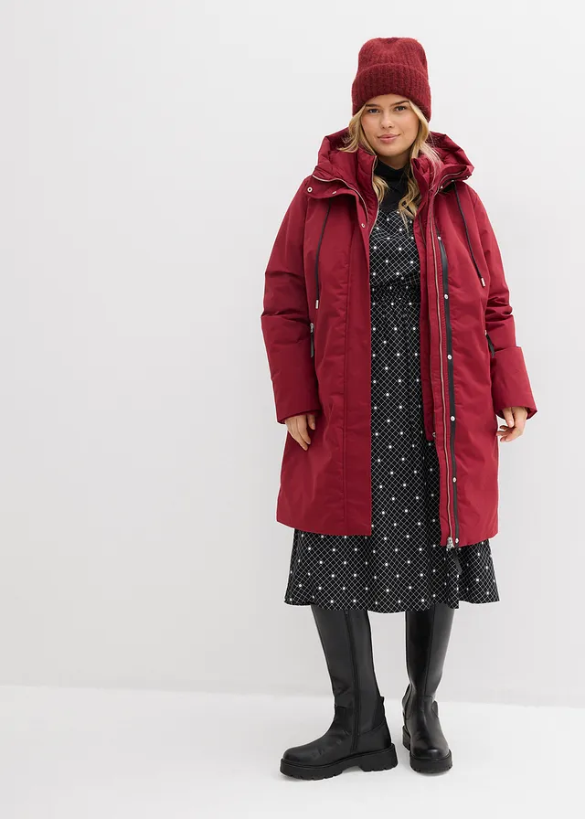 Waterafstotende, lange outdoor jas in 2-in-1 look, Kleur: pruimrood