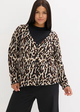 Pletený žakárový kabátek, barva: hnědá s leopardím potiskem