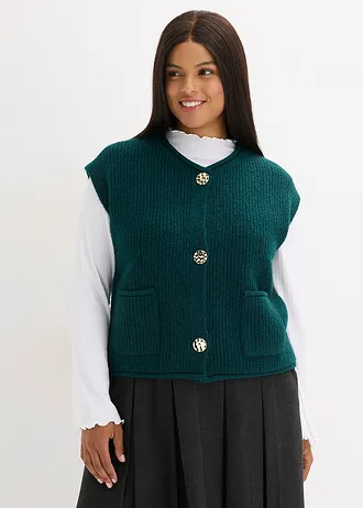 Gilet sans manches en maille à boutons décoratifs, Couleur: pétrole foncé