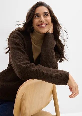 Pull en maille avec col V profond • marron foncé-noir chiné • Boutique bonprix