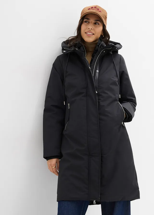 Waterafstotende, lange outdoor jas in 2-in-1 look, Kleur: zwart