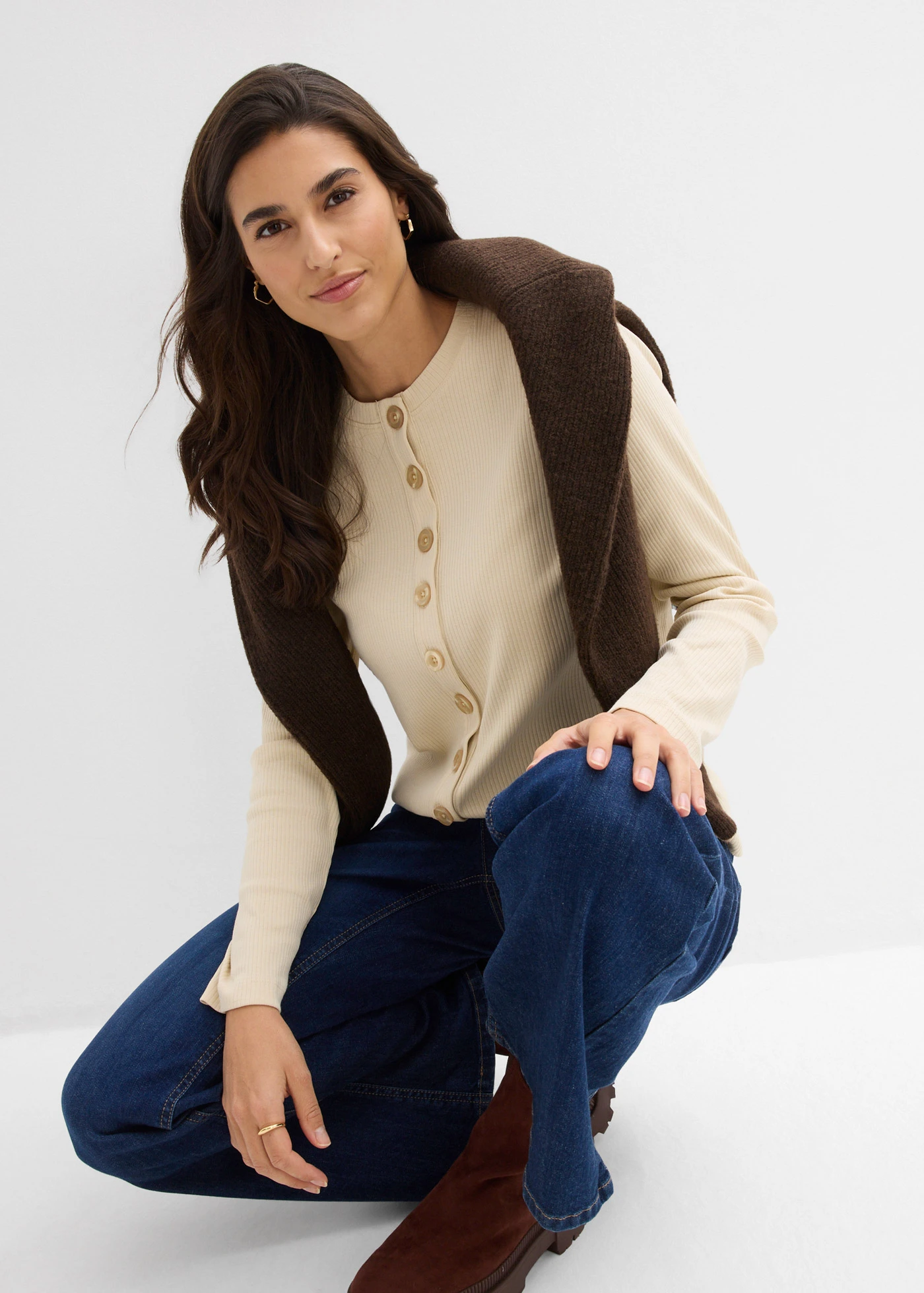 Geribde longsleeve van katoen • lichtsand • bonprix online shop