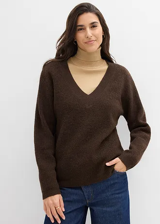 Pull en maille avec col V profond • marron foncé-noir chiné • Boutique bonprix