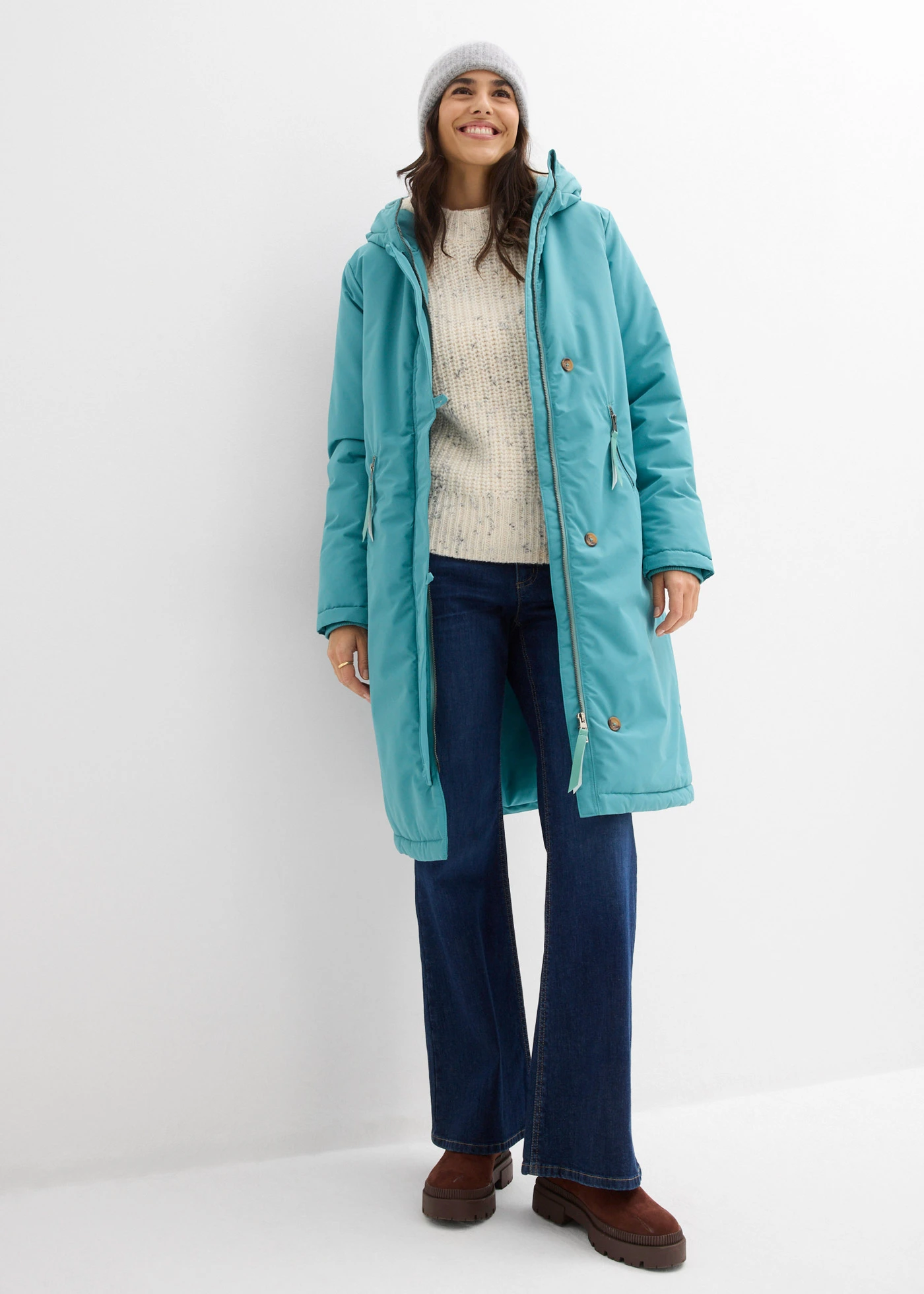 Lange winterjas met teddy • turkoois • bonprix online shop
