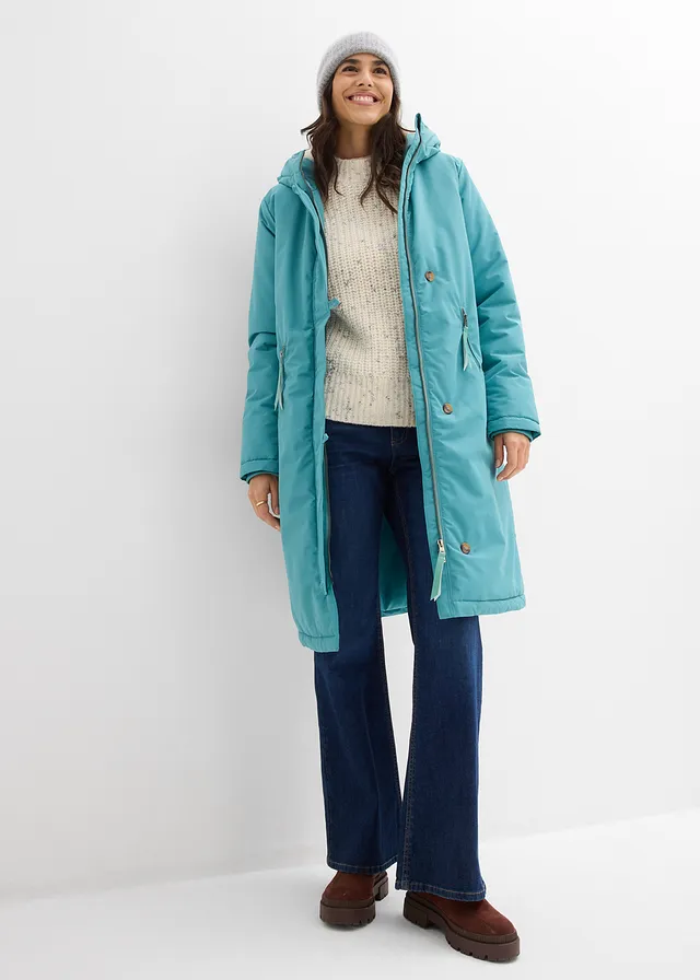 Lange winterjas met teddy turkoois