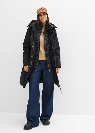 Waterafstotende, lange outdoor jas in 2-in-1 look, Kleur: zwart