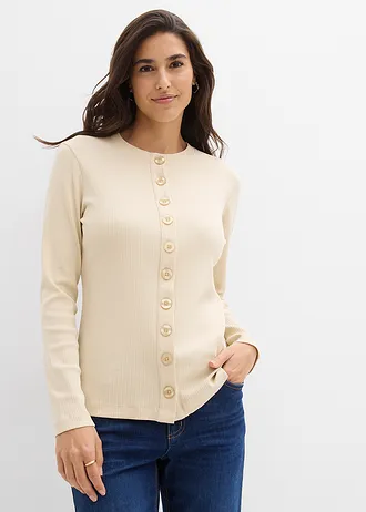 Geribde longsleeve van katoen, Kleur: lichtsand