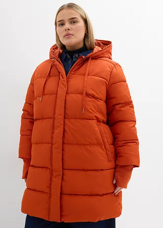 Gewatteerde, lange outdoor jas, waterafstotend, Kleur: lavaoranje