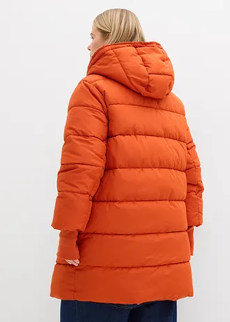 Gewatteerde, lange outdoor jas, waterafstotend, Kleur: lavaoranje