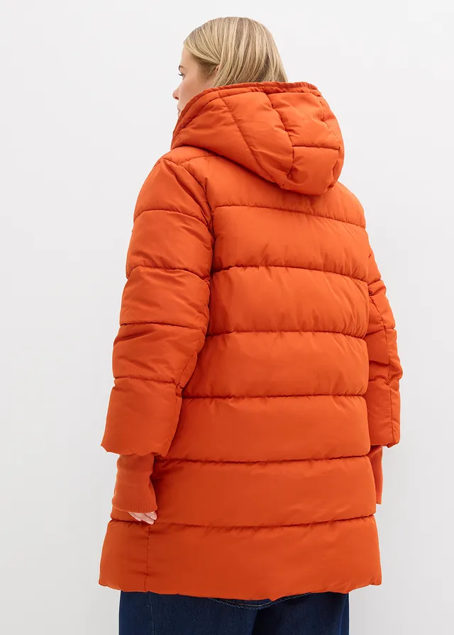 Gewatteerde, lange outdoor jas, waterafstotend, Kleur: lavaoranje