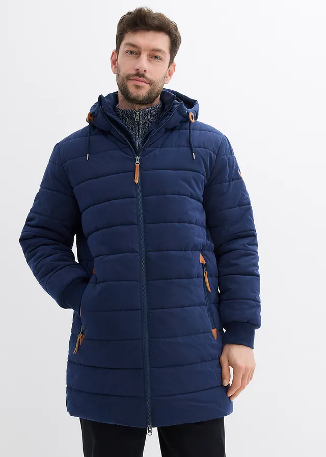 Gewatteerde parka met capuchon en imitatieleer, Kleur: donkerblauw