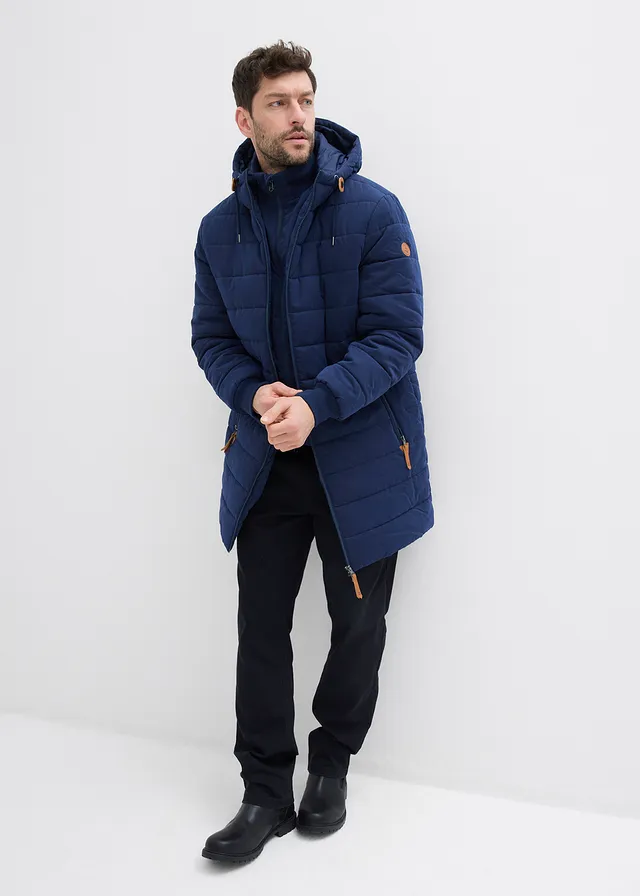 Gewatteerde parka met capuchon en imitatieleer, Kleur: donkerblauw